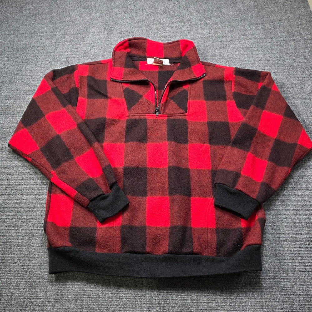 VTG Le Tigre Mens Large Red Black Buffalo Plaid Fleece 1/4 Zip‎ Pullover Sweater